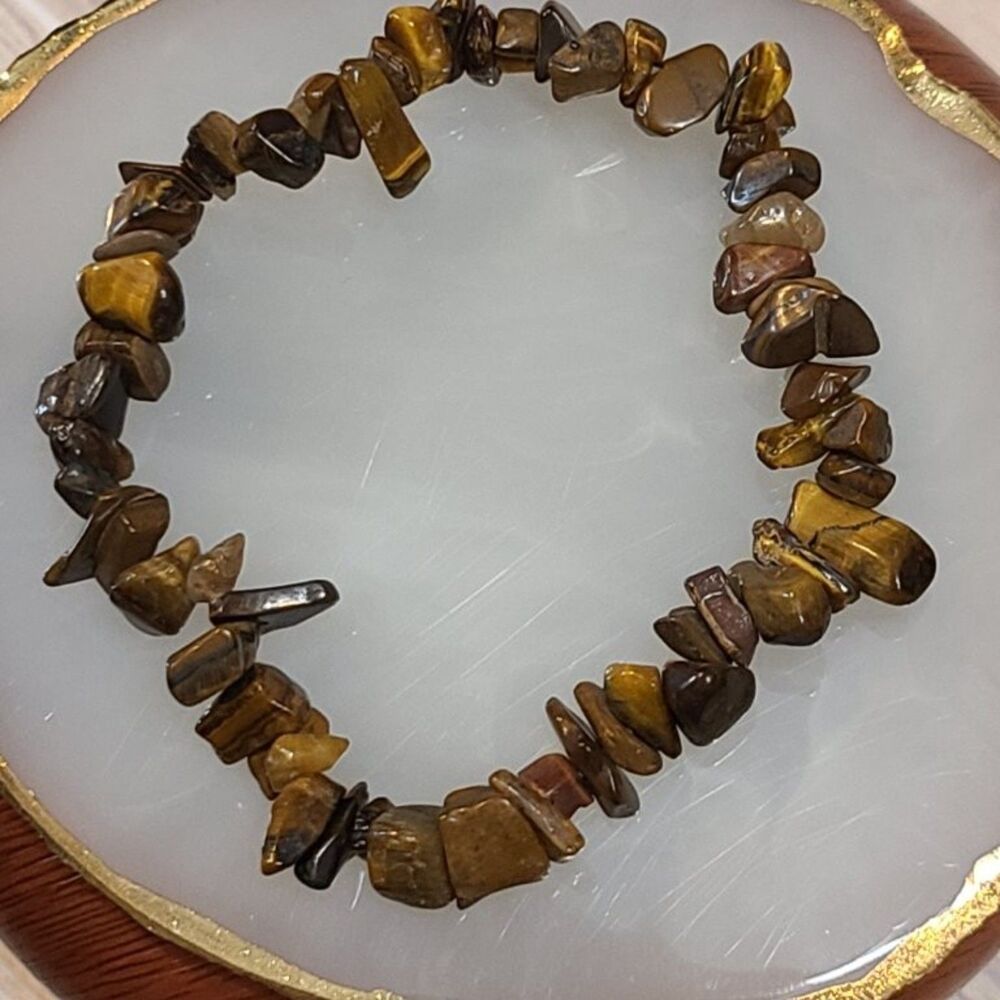 Natural Tiger Eye Gemstone Chip Stretch Bracelet 7" Crystal Protection Jewelry